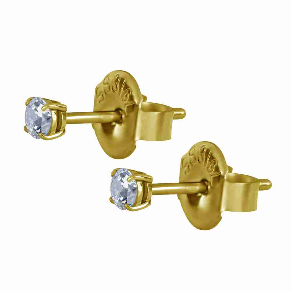 Örhänge - 2 mm diamantfattade kristaller - kirurgiskt stål - 18K guld PVD